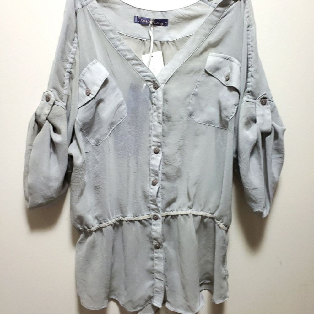 Mantique Sakura Bohemia Gauzey Sheer Grey Two Pocket Blouse Women S-M NWT